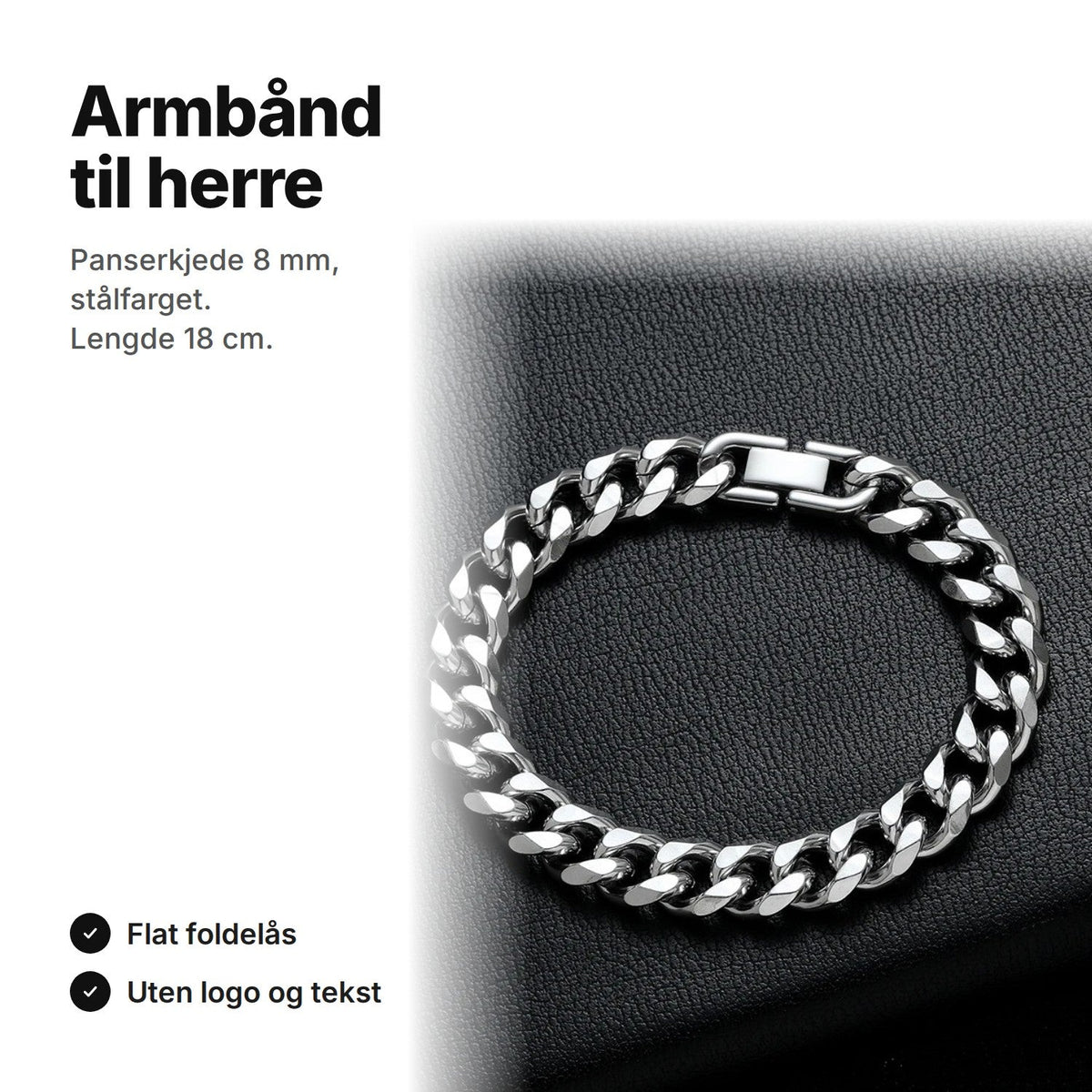 Armbånd til herre i stålfarge, panserkjede lagt i en S på mørk bakgrunn