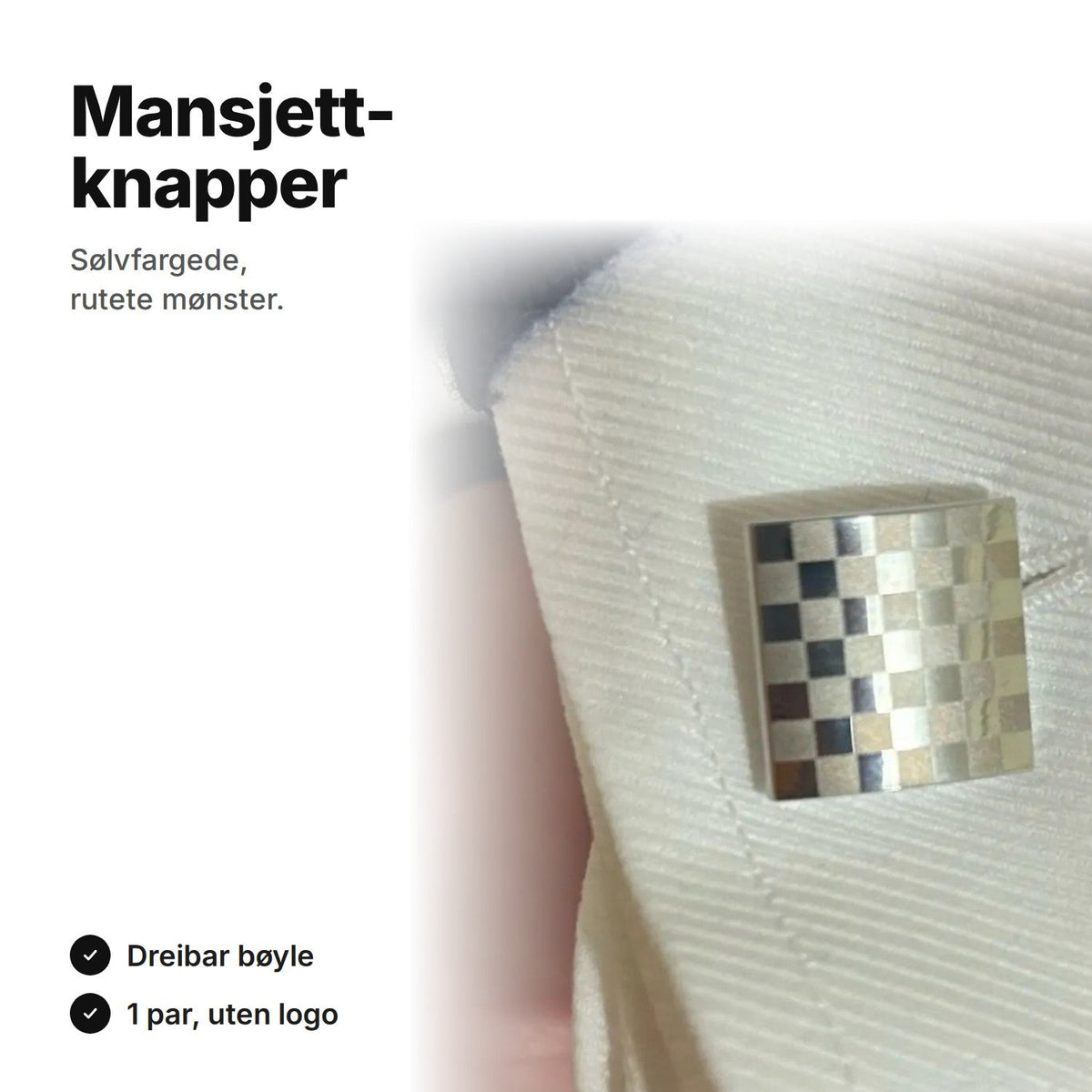 Sølvfargede, firkantede mansjettknapper med rutete mønster