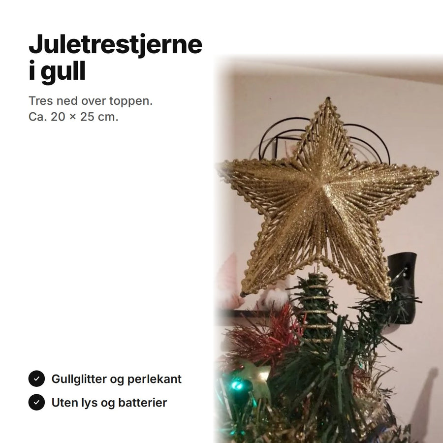 Juletrestjerne i gull med glitter og spiral, ca. 20 × 25 cm, uten lys