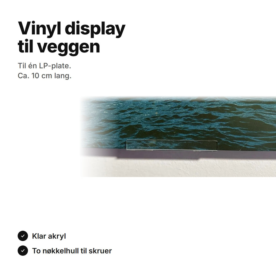 Vinyl display til veggen: liten klar akrylhylle, ca. 10 cm, med en LP-plate