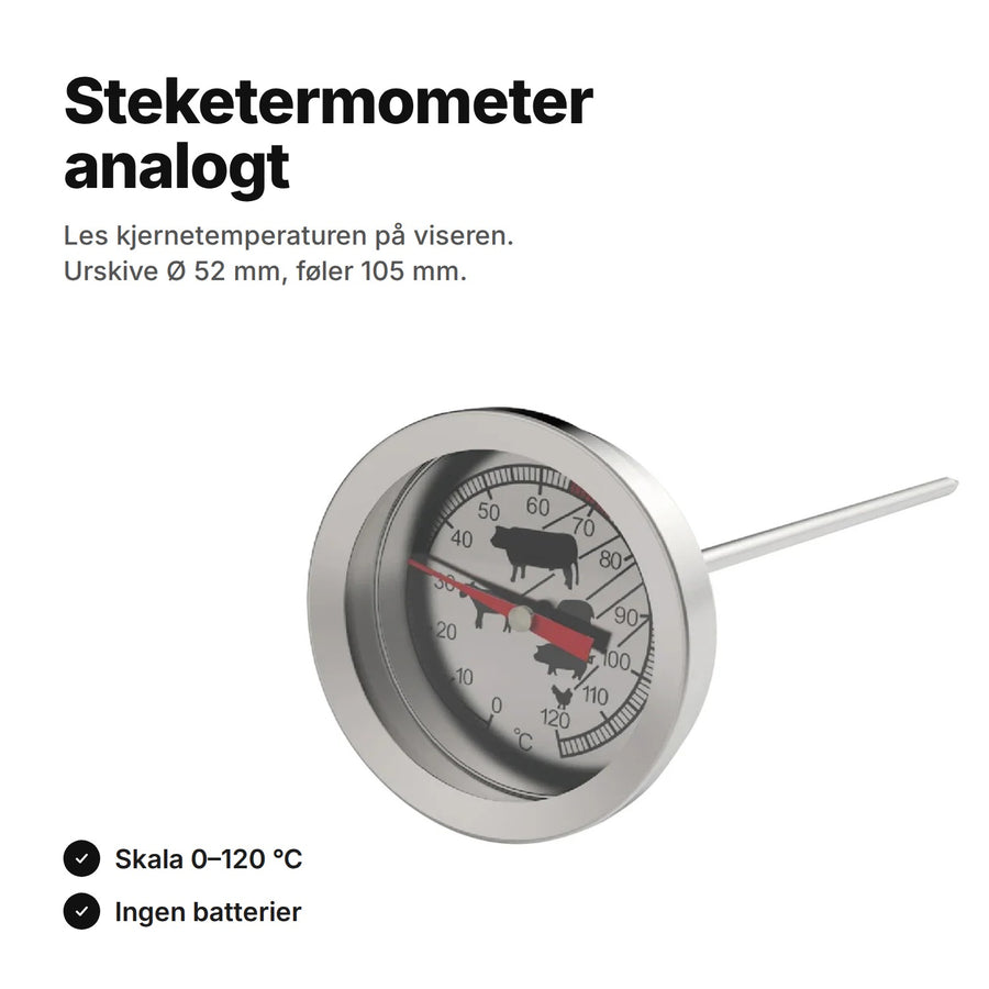 Analogt steketermometer: skala 0–120 °C, urskive Ø 52 mm og føler 105 mm