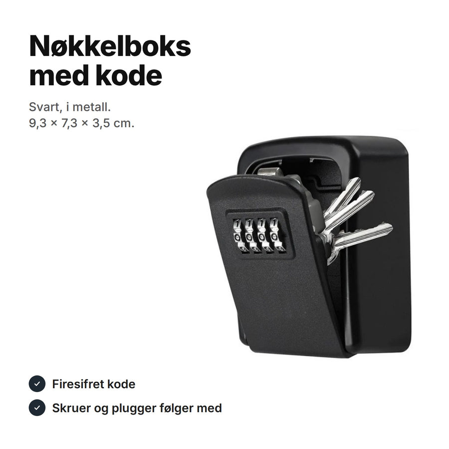 Svart nøkkelboks med firesifret kode i metall, 9,3 × 7,3 × 3,5 cm, med nøkler i rommet