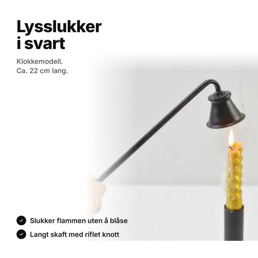 Svart lysslukker, klokkemodell med langt skaft, ca. 22 cm