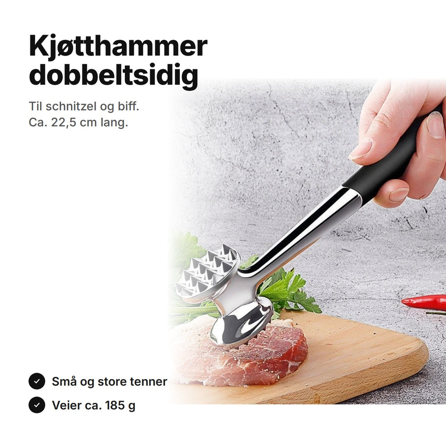 Dobbeltsidig kjøtthammer, ca. 22,5 cm lang, med små og store pyramidetenner og svart grep