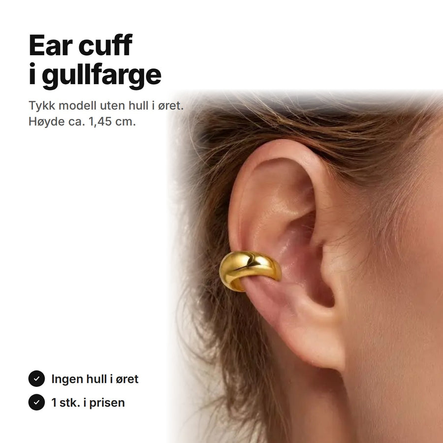 Ear cuff i gullfarge – tykk modell uten hull i øret, høyde ca. 1,45 cm