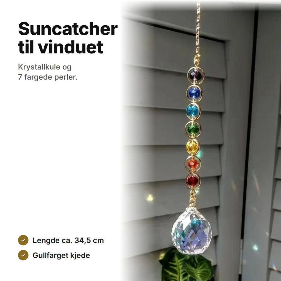 Suncatcher med krystallkule og 7 fargede perler, ca. 34,5 cm lang, gullfarget kjede