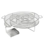Røykgenerator for kaldrøyking: spiralformet renne i stålnetting med føtter, to håndtak og en liten plate i starten av spiralen