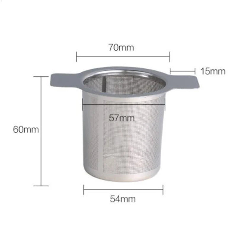Tesilens mål: kurv Ø 57 mm øverst og 54 mm nederst, 60 mm dyp, kant 70 mm og håndtak på 15 mm