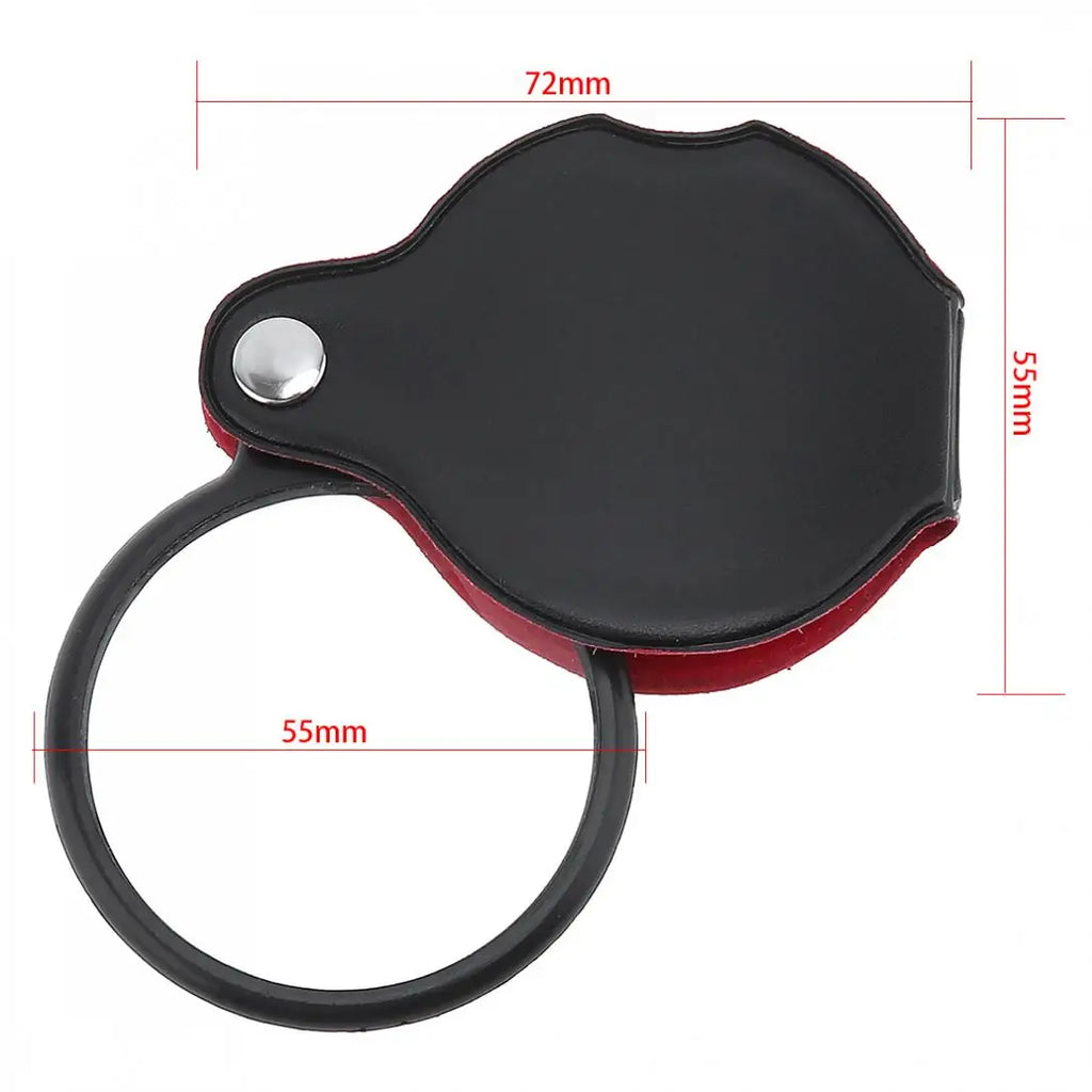 Mål på forstørrelsesglasset: etui 72 × 55 mm og linse 55 mm