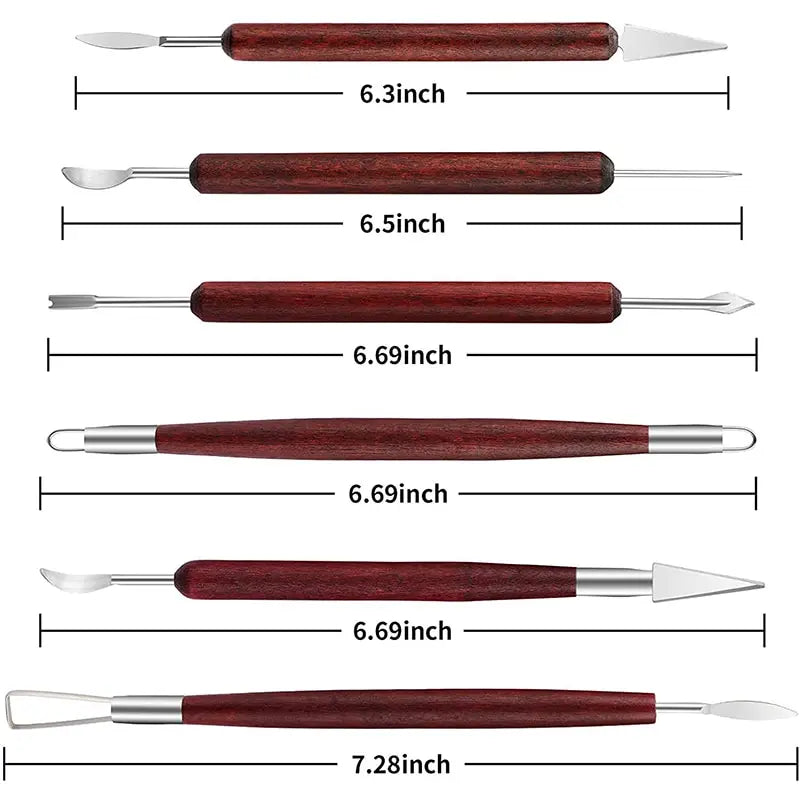 Måltegning: de seks verktøyene er 6,3–7,28 tommer, ca. 16–18,5 cm, lange