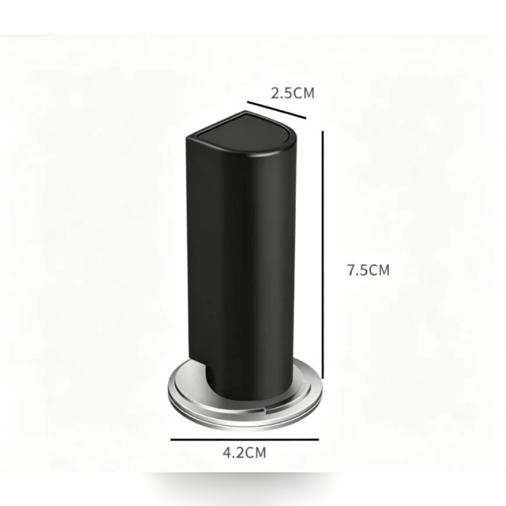 Dørstopper med mål: dørdel ca. 7,5 × 2,5 cm og gulvplate ca. 4,2 cm i diameter