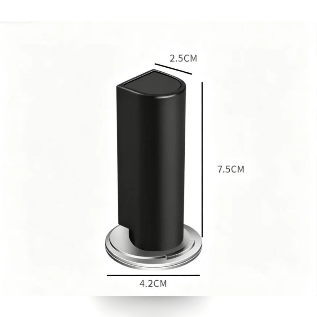 Dørstopper med mål: dørdel ca. 7,5 × 2,5 cm og gulvplate ca. 4,2 cm i diameter