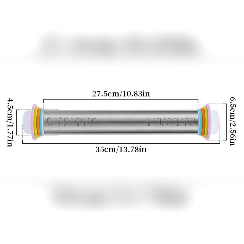 Mål på kjevlen ifølge leverandøren: 35 cm i alt, rulleflate 27,5 cm, rør Ø 4,5 cm og ringer Ø 6,5 cm
