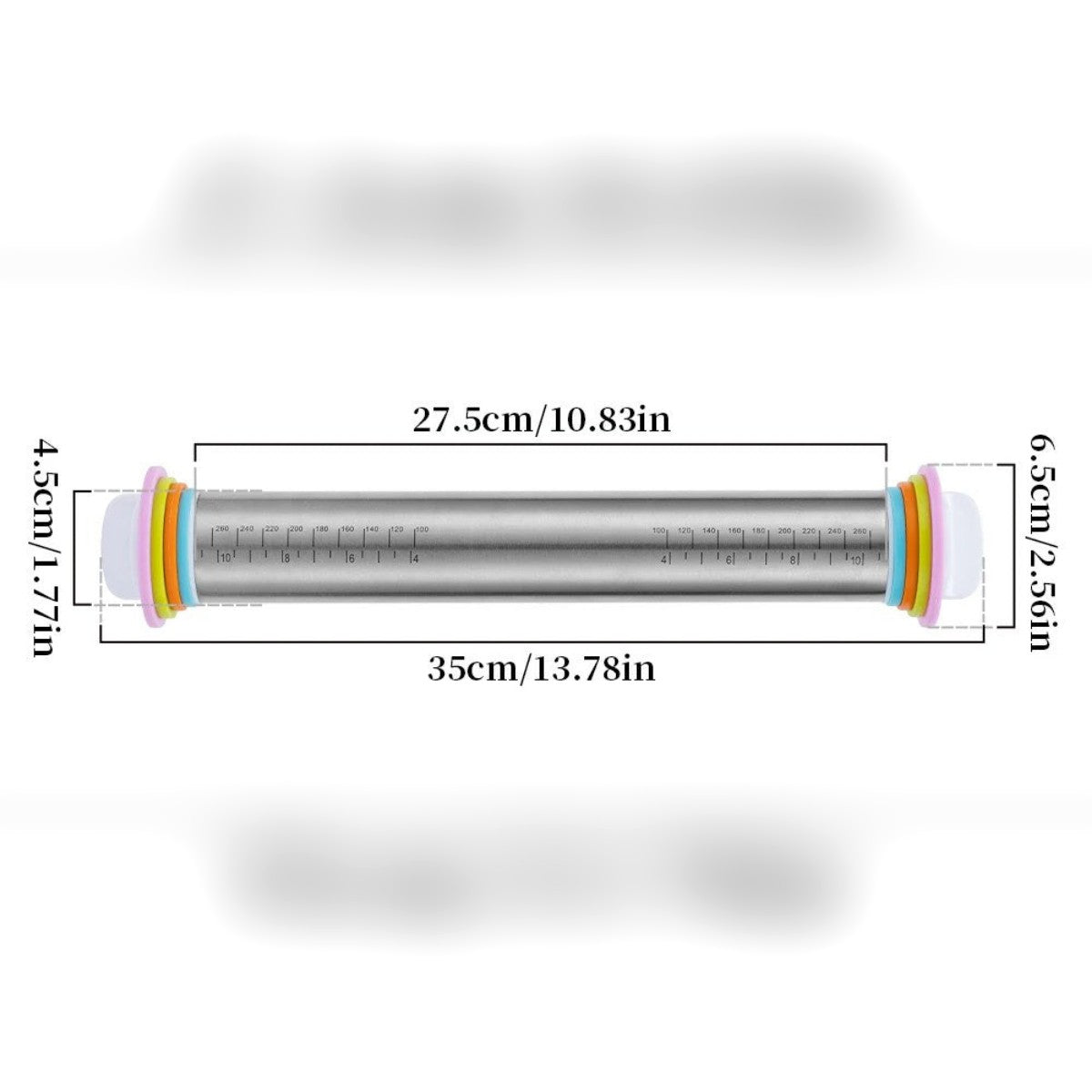 Mål på kjevlen ifølge leverandøren: 35 cm i alt, rulleflate 27,5 cm, rør Ø 4,5 cm og ringer Ø 6,5 cm