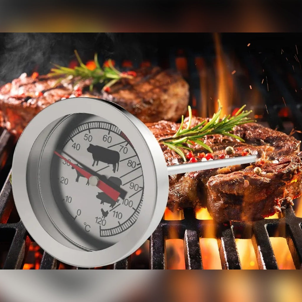 Steketermometeret ved biffer på grillen, urskive med skala 0–120 °C