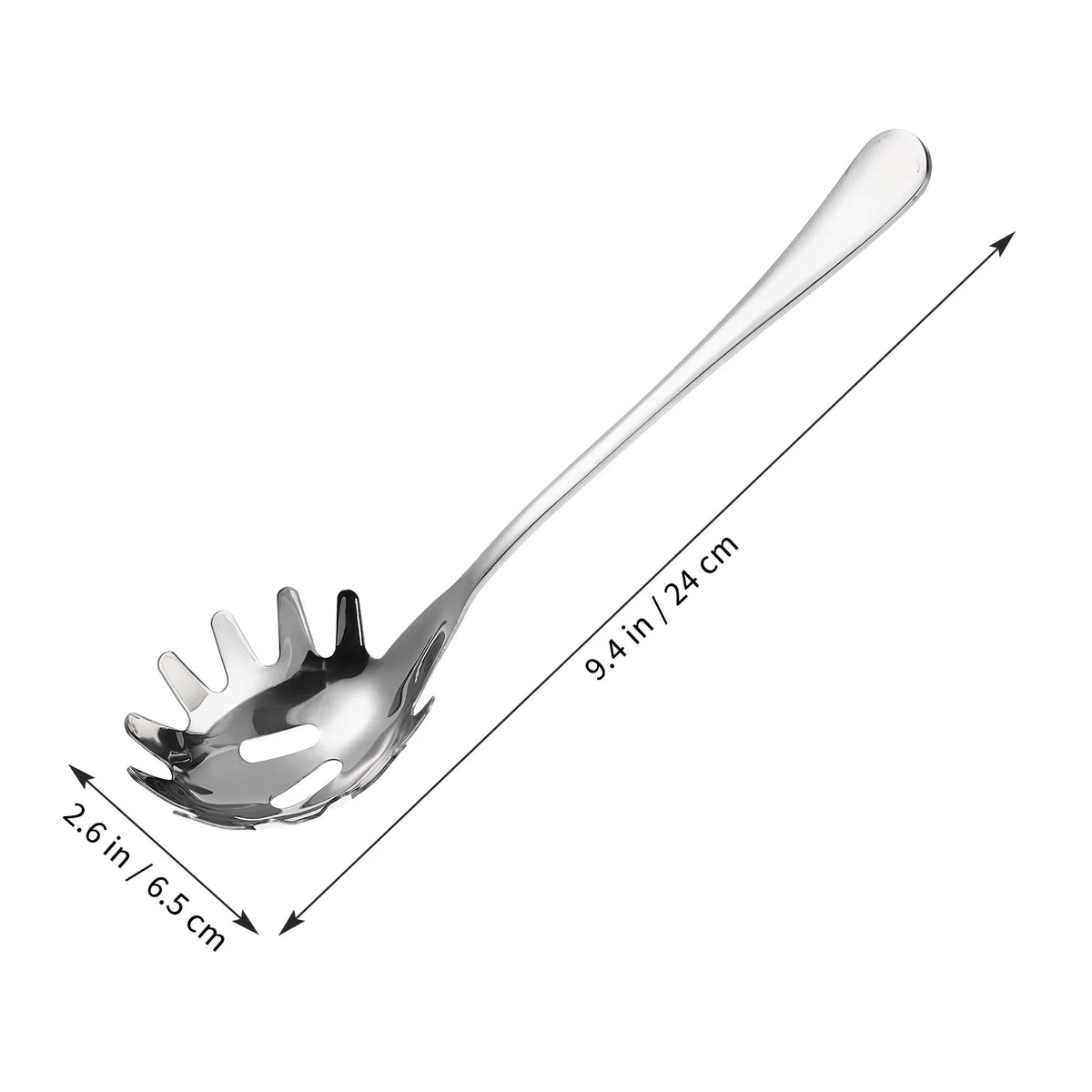 Pastaskjeens mål: ca. 24 cm lang og skål på ca. 6,5 cm