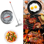 Termometeret ved siden av bilder av egg, grillet kjøtt og rekesalat
