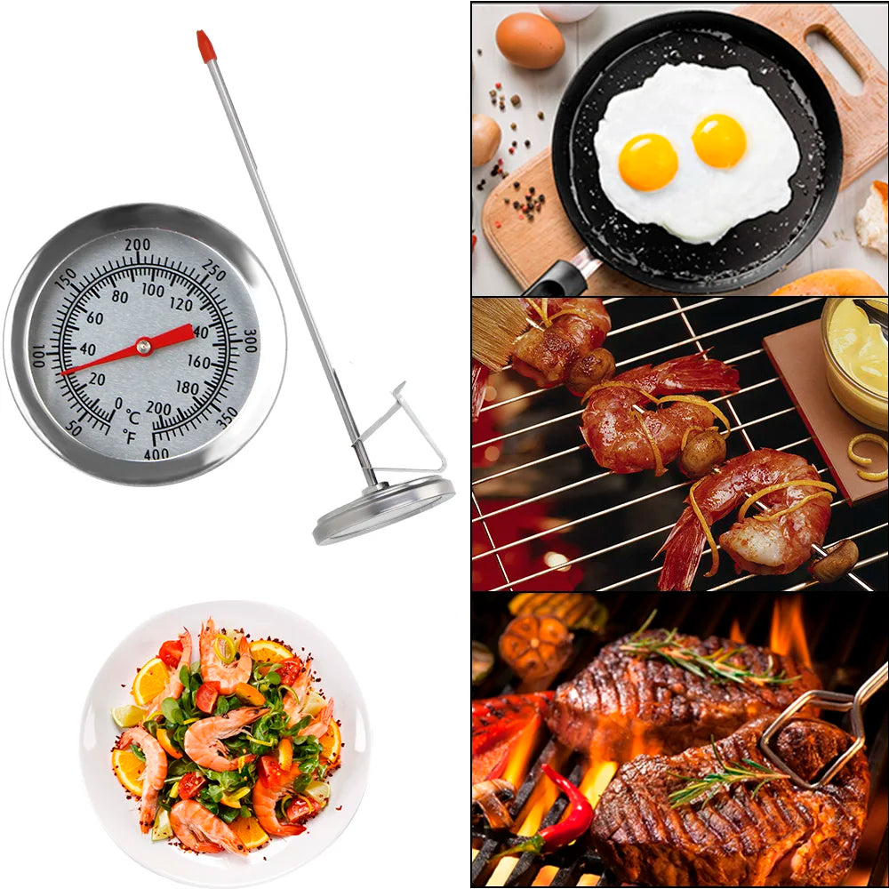 Termometeret ved siden av bilder av egg, grillet kjøtt og rekesalat