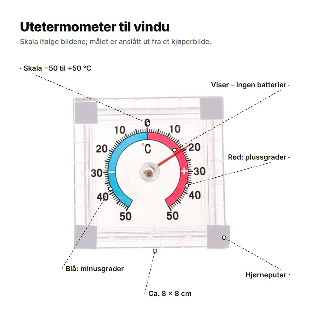 Utetermometeret forklart: skala −50 til +50 °C, viser uten batterier, blå bue for minusgrader og rød for plussgrader, hjørneputer, ca. 8 × 8 cm