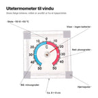 Utetermometeret forklart: skala −50 til +50 °C, viser uten batterier, blå bue for minusgrader og rød for plussgrader, hjørneputer, ca. 8 × 8 cm