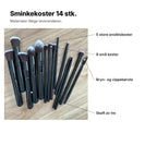 Sminkekoster 14 stk. forklart: 5 store ansiktskoster, 9 små koster, bryn- og vippebørste og skaft av tre