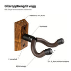 Gitaropphenget forklart: trekloss 9 × 4,4 cm, 2 skruehull, dreieledd, mykt belegg og ca. 5,4 cm mellom krokens ender