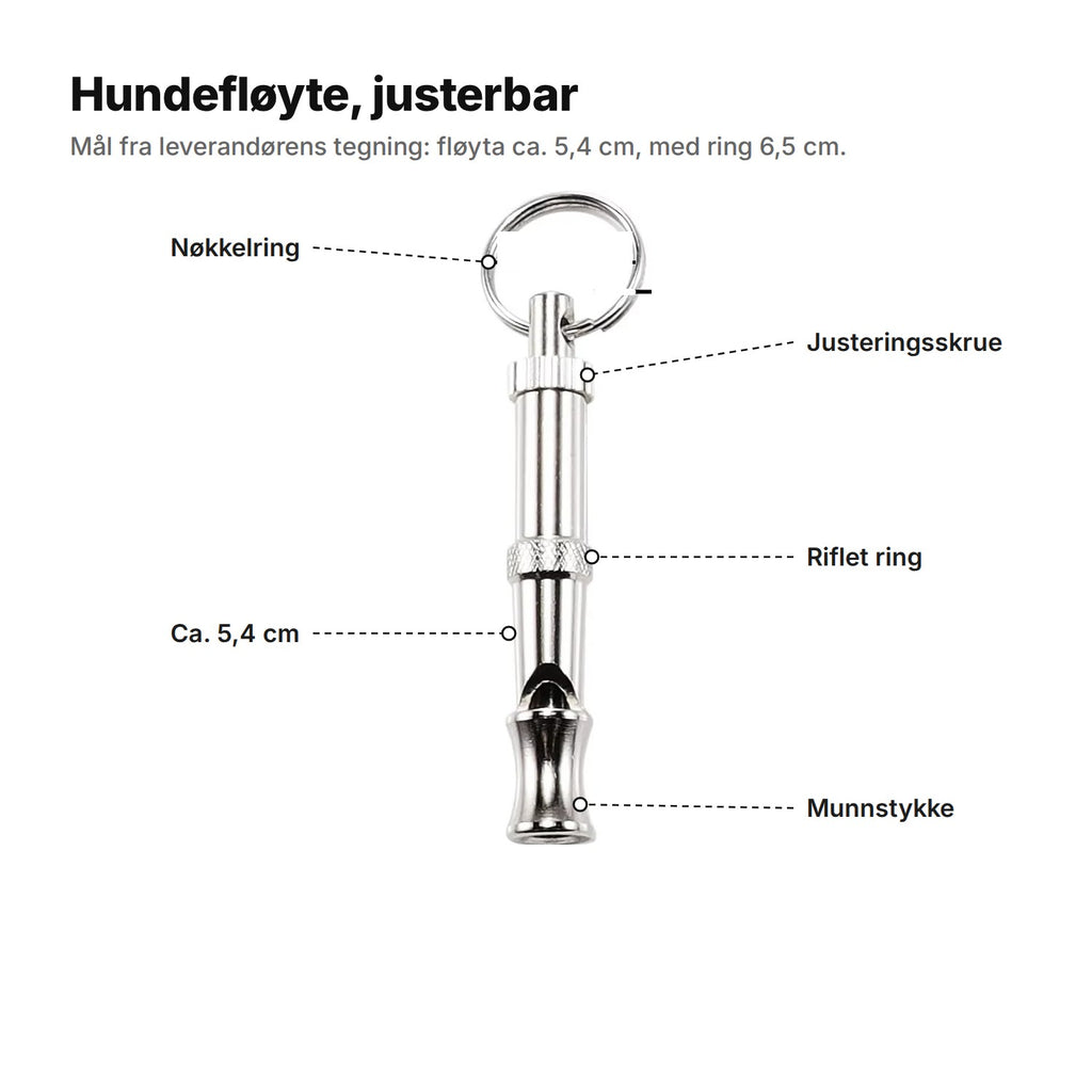Hundefløyte forklart: nøkkelring, justeringsskrue, riflet ring, ca. 5,4 cm lang og munnstykke