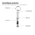 Hundefløyte forklart: nøkkelring, justeringsskrue, riflet ring, ca. 5,4 cm lang og munnstykke