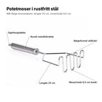 Potetmoseren forklart: opphengsløkke, rundt metallhåndtak, bølgeformet ståltråd, moserhode 9,5 cm bredt, lengde 25 cm