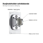 Dusjhodeholder forklart: klebeflate uten boring, justerbar holder, dybde ca. 5,5 cm, plate ca. 12,5 × 8 cm