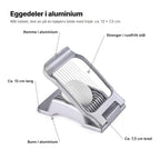 Eggedeleren forklart: ramme og bunn i aluminium, strenger i rustfritt stål, ca. 13 cm lang og 7,5 cm bred