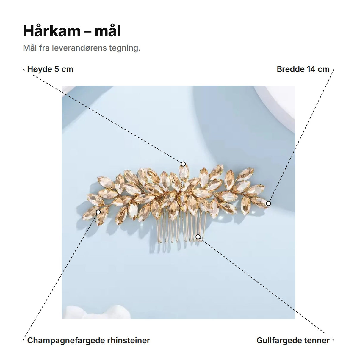 Hårkammen med mål: 14 cm bred og 5 cm høy, champagnefargede rhinsteiner og gullfargede tenner
