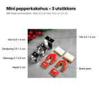 Utstikkerne forklart: gavl 4,5 × 4 cm, døråpning 1,5 × 2 cm, sidevegg 3 × 2,5 cm, tak 4,5 × 3 cm, høyde 2 cm, bakte deler