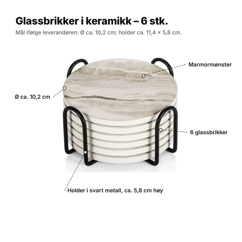 Glassbrikkene forklart: marmormønster, Ø ca. 10,2 cm, 6 glassbrikker og holder i svart metall, ca. 5,8 cm høy