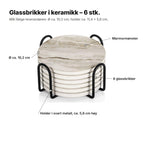 Glassbrikkene forklart: marmormønster, Ø ca. 10,2 cm, 6 glassbrikker og holder i svart metall, ca. 5,8 cm høy