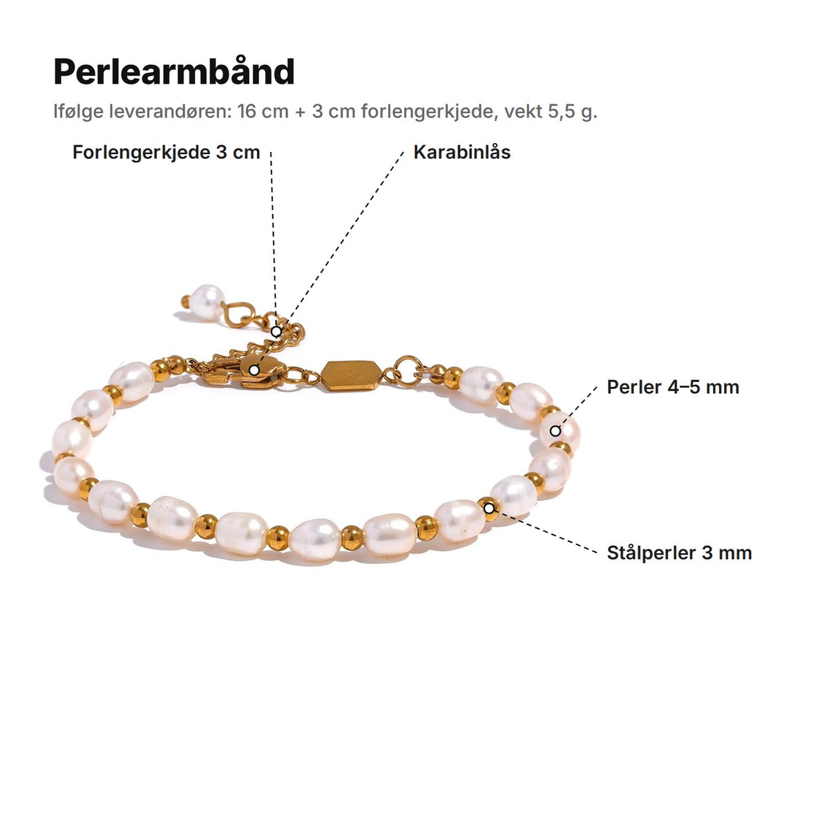 Perlearmbånd forklart: forlengerkjede 3 cm, karabinlås, perler 4–5 mm, stålperler 3 mm