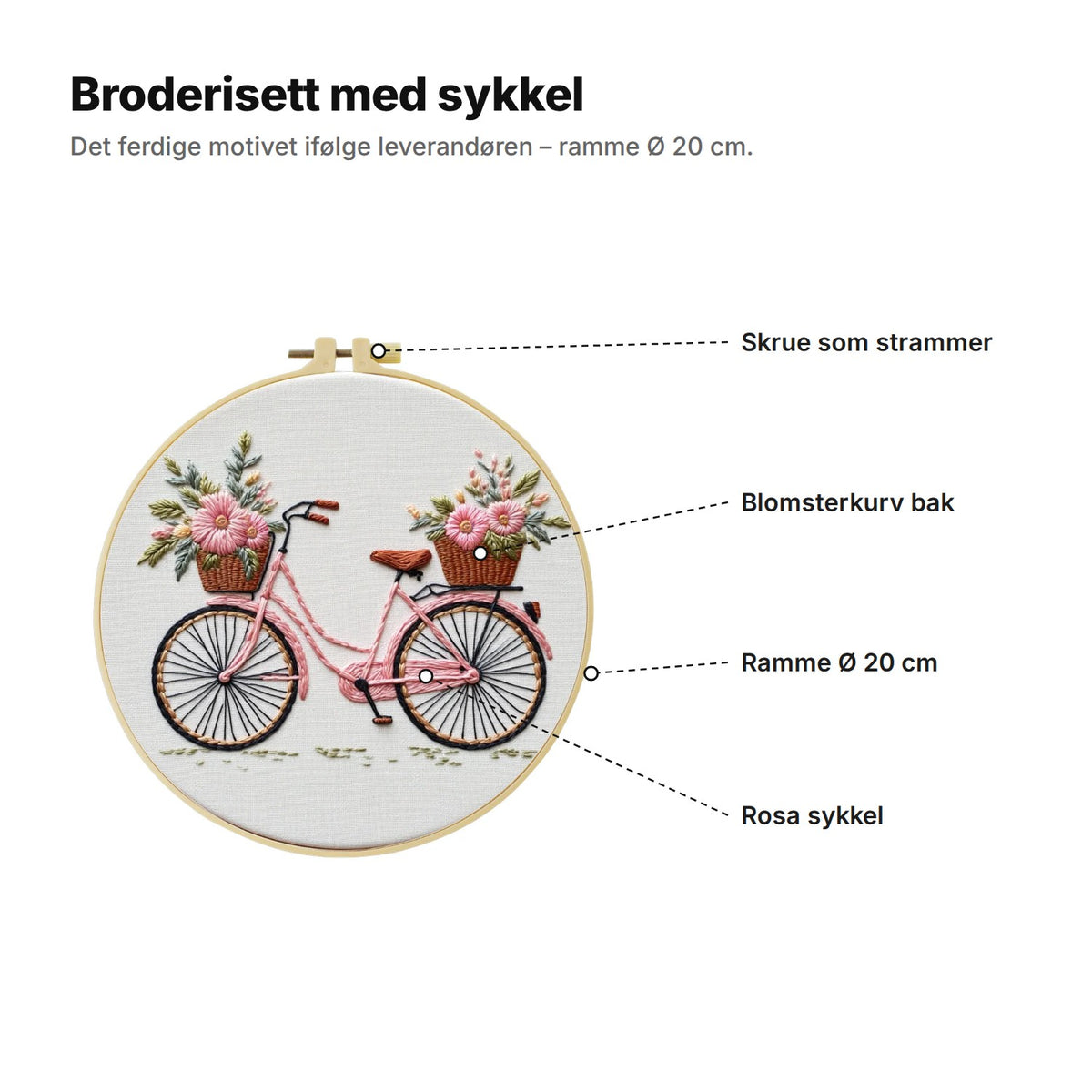Broderisett med sykkel forklart: skrue som strammer rammen, blomsterkurv bak, ramme Ø 20 cm og rosa sykkel