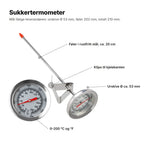 Sukkertermometeret forklart: føler i rustfritt stål ca. 20 cm, klips til kjelekanten, urskive Ø ca. 53 mm og skala 0–200 °C og °F