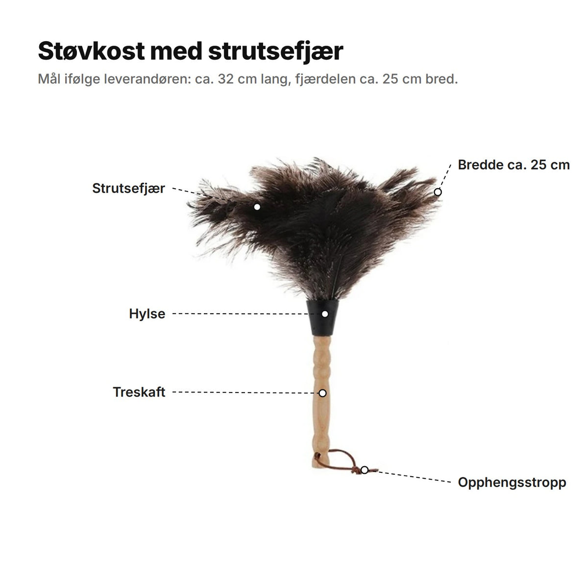 Støvkosten forklart: strutsefjær, svart hylse, treskaft, fjærdel ca. 25 cm bred og opphengsstropp