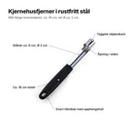 Kjernehusfjerneren forklart: taggete skjærekant, åpning i siden, stålrør ca. 8 cm og Ø 2 cm, svart håndtak med opphengshull, ca. 18 cm totalt
