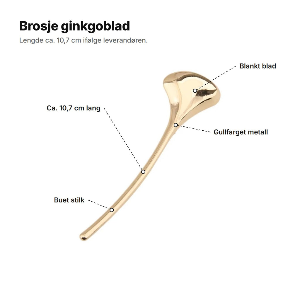 Brosje ginkgoblad forklart: blankt blad, gullfarget metall, ca. 10,7 cm lang, buet stilk