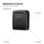 Nøkkelboks med kode forklart: firesifret kode, 9,3 cm høy, 7,3 cm bred og 3,5 cm dyp