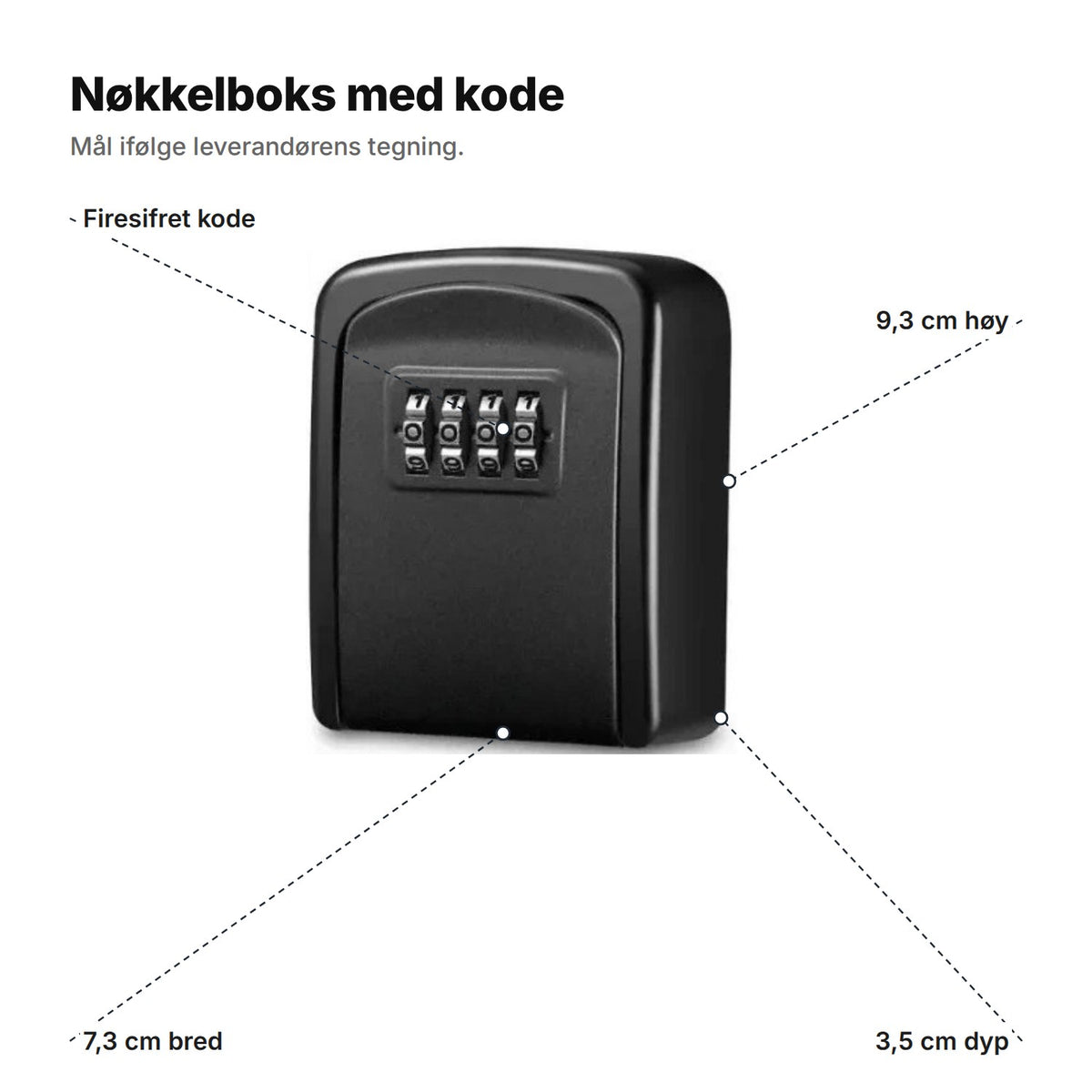 Nøkkelboks med kode forklart: firesifret kode, 9,3 cm høy, 7,3 cm bred og 3,5 cm dyp