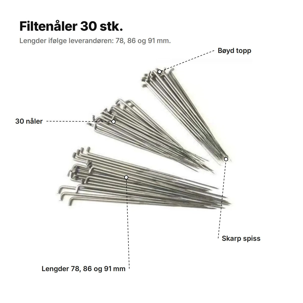Filtenåler forklart: bøyd topp, skarp spiss, 30 nåler, lengder 78, 86 og 91 mm