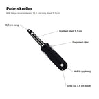 Potetskrelleren forklart: dreibart blad på 5,7 cm, 18,5 cm lang, grep med riller, hull til oppheng og grep ca. 3,5 cm bredt
