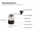 Den manuelle kaffekvernen forklart: sveiv med svart knott, gjennomsiktig lokk, øvre del i stål, svart riflet grep, keramisk kvernverk, beholder til kaffen og en kropp på 10,5 cm