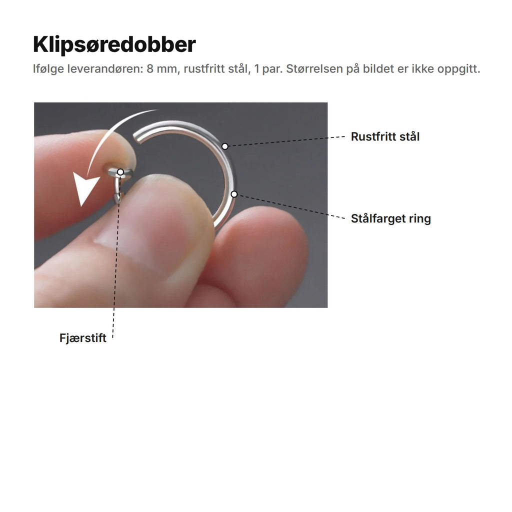 Klipsøredobber forklart: rustfritt stål, stålfarget ring og fjærstift i enden av ringen; vi selger størrelsen 8 mm