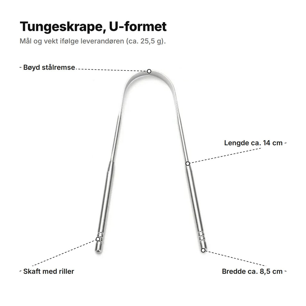 U-formet tungeskrape forklart: bøyd stålremse, skaft med riller, lengde ca. 14 cm og bredde ca. 8,5 cm