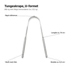 U-formet tungeskrape forklart: bøyd stålremse, skaft med riller, lengde ca. 14 cm og bredde ca. 8,5 cm