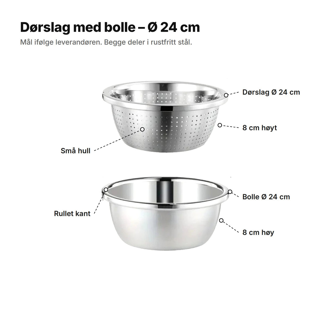 Dørslag og bolle forklart: dørslag Ø 24 cm og 8 cm høyt med små hull, bolle Ø 24 cm og 8 cm høy med rullet kant
